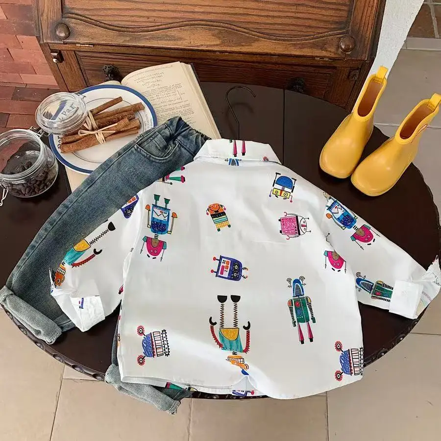Boys' Cartoon Shirt Spring and Autumn New Children's Leisure Robot Full Print Cardigan Boys' Baby Handsome Fashion Top Trendy