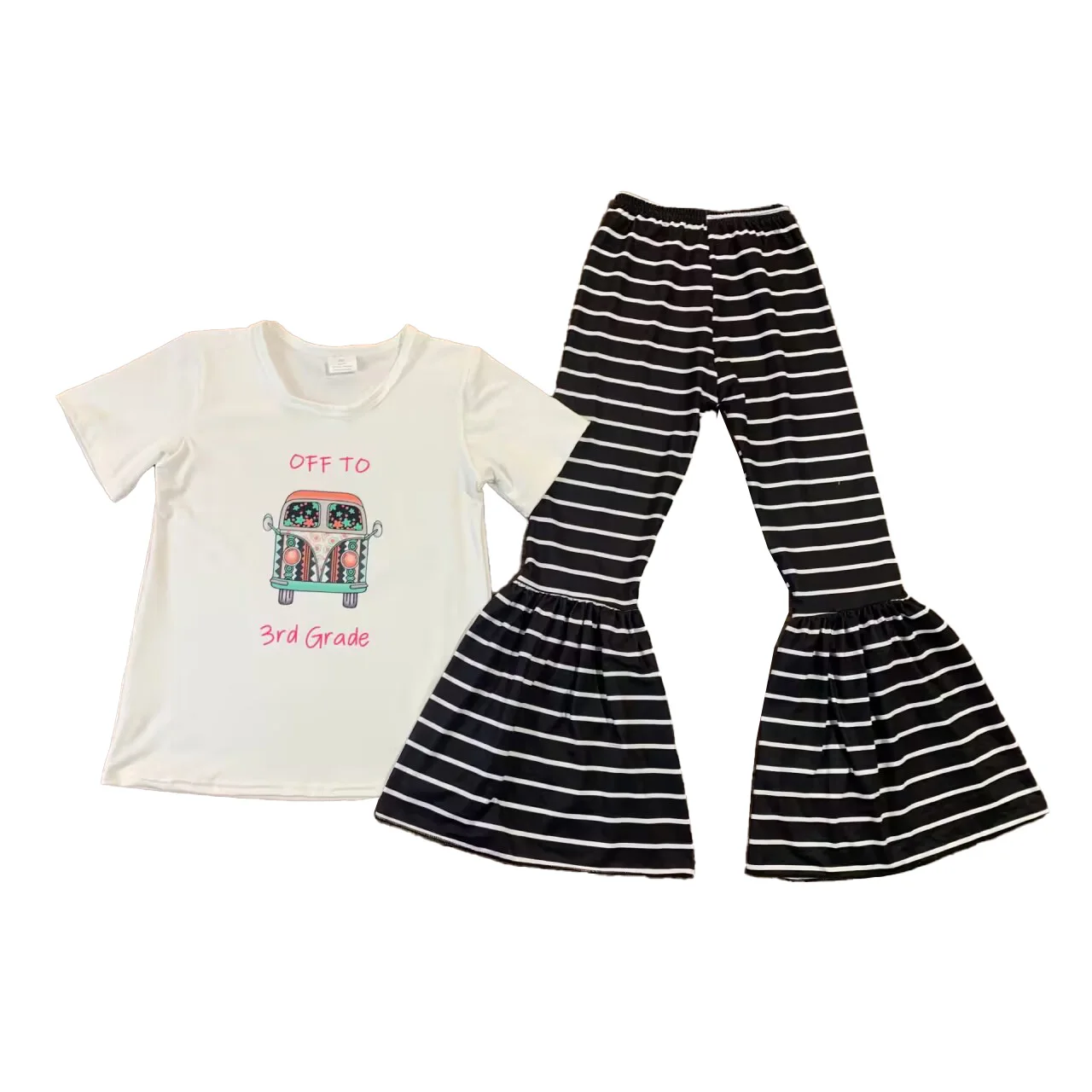 

Wholesale Retail Summer Boutique Infant Girls Clothes Back To School Short Sleeve Top Striped Flared Pants Set