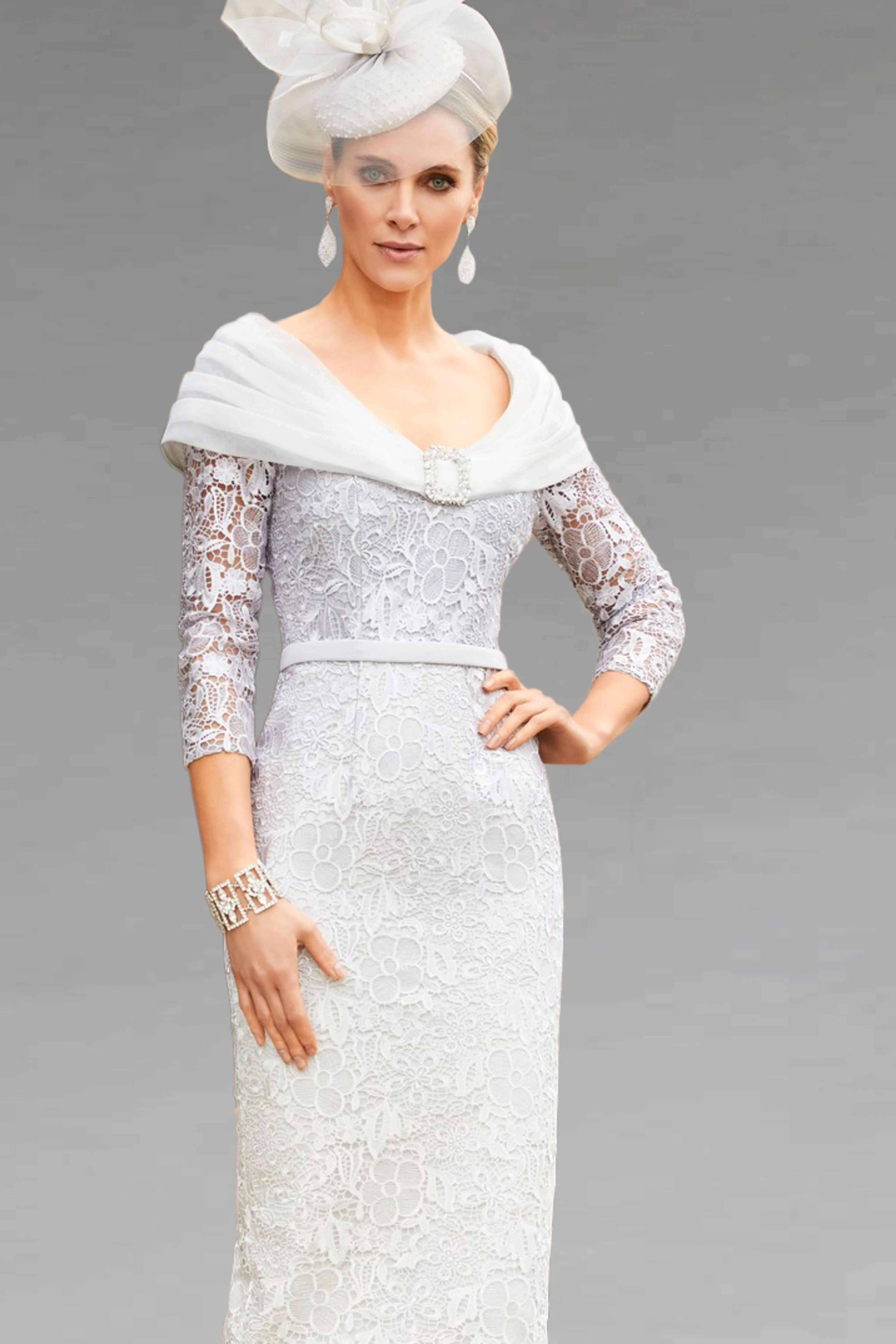 

three quarter length sleeve perfectly waistband wide neckline striking collar knee Short Fitted Lace mother of the bride dresses