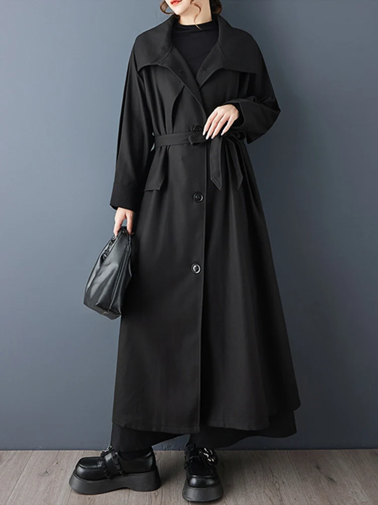Oversized Autumn Winter New Korean Fashion Long Trench Coat For Women Black Vintage Sashes Casual Loose Outerwear Clothing 2025