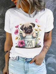 Playful Pug and Floral Print Women's Harajuku Tee - Street Aesthetic Fashion - XS (Y223 - White)