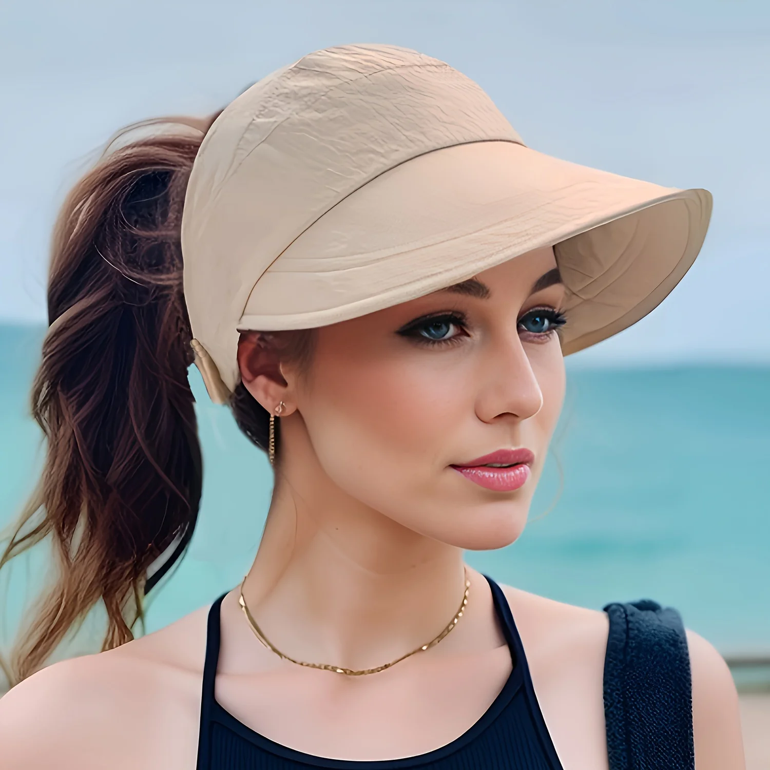 Atmungsaktiver Damen-Sonnenhut mit breiter Krempe, UV-Schutz, offenes Schirmmovisier für Pferdeschwänze, Sommerhüte für Damen – Detail 2