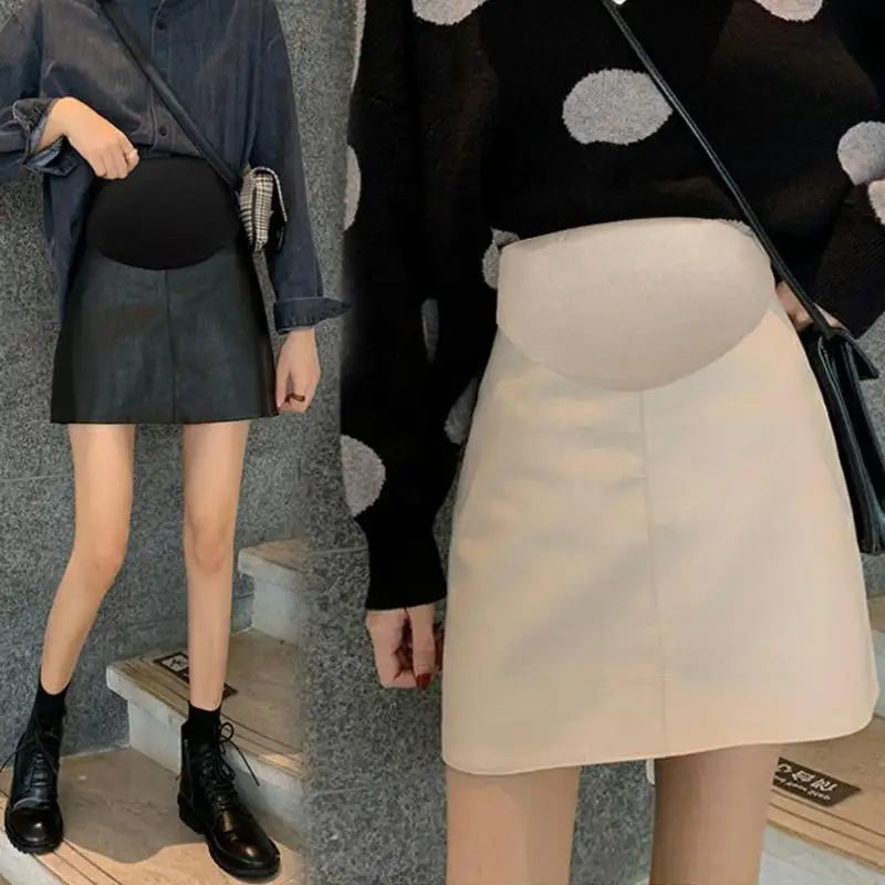 PU Maternity Short Skirts Autumn Winter Fashion Elastic Waist Belly A Line Loose Clothes for Pregnant Women Pregnancy