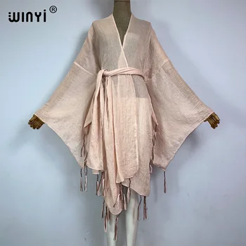 WINYI kimono Africa coat with belt fashion kaftans beach cover-ups Fringed monochrome cardigan beach outfits for women vestidos 1
