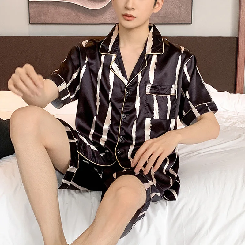 Men's Summer Thin Ice Silk Pajamas Lapel Short Sleeve Cardigan Shorts Two Piece Set Casual Loose Comfortable Home Clothing