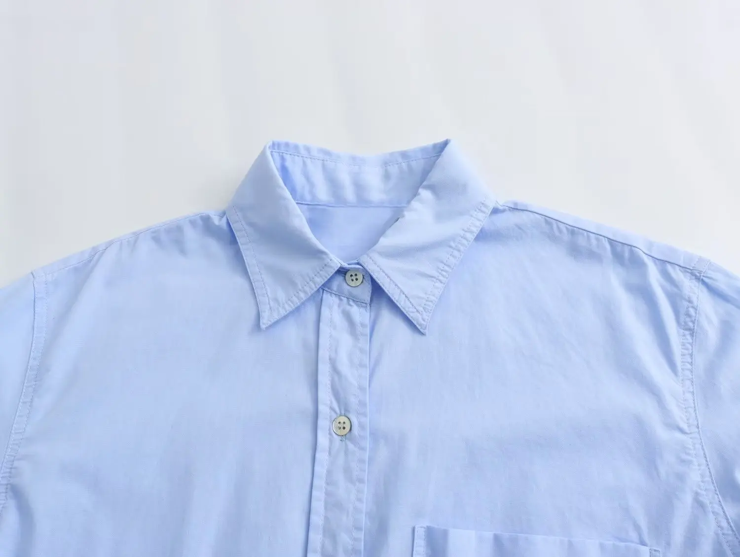 Withered Loose Pocket Blue Shirt Women French Lazy Style Casual Poplin Top