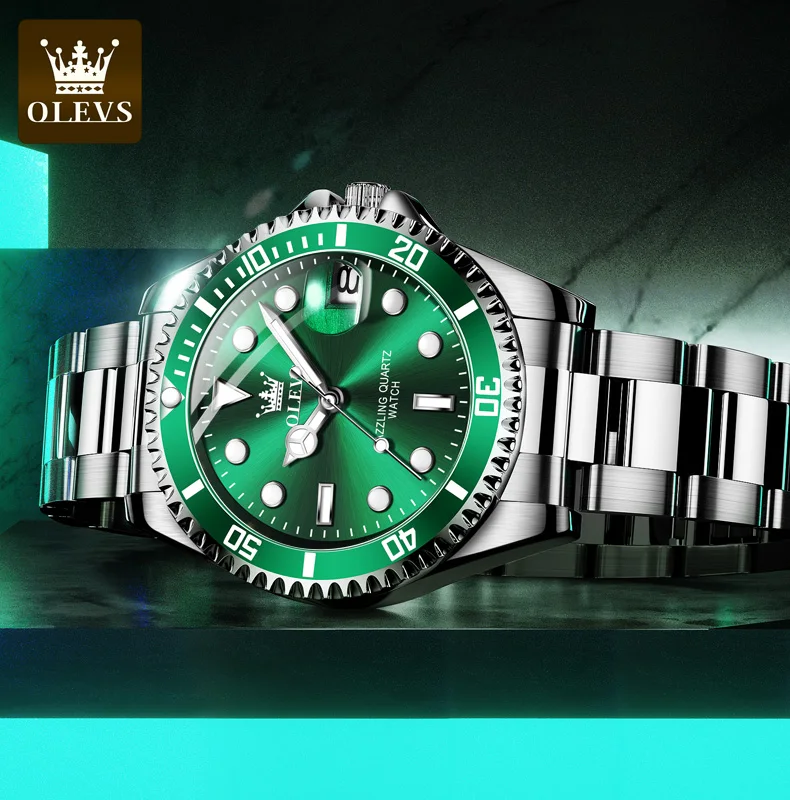 Olevs top original herren quarz uhr grün wasserdichte uhr für männer edelstahl quarz herren luxus uhr leuchtende armbanduhr – Detail 5