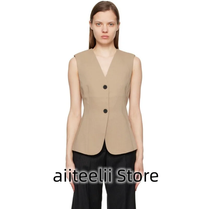 women s shirt summer new buttons sleeveless solid color casual shirt fashion street style shirt ladies shirts 2023 Women‘s Blazer Vest Fashion V Neck Single Breasted Two Buttons Sleeveless Slim Fit Jacket Formal Vest Ladies Business Tops