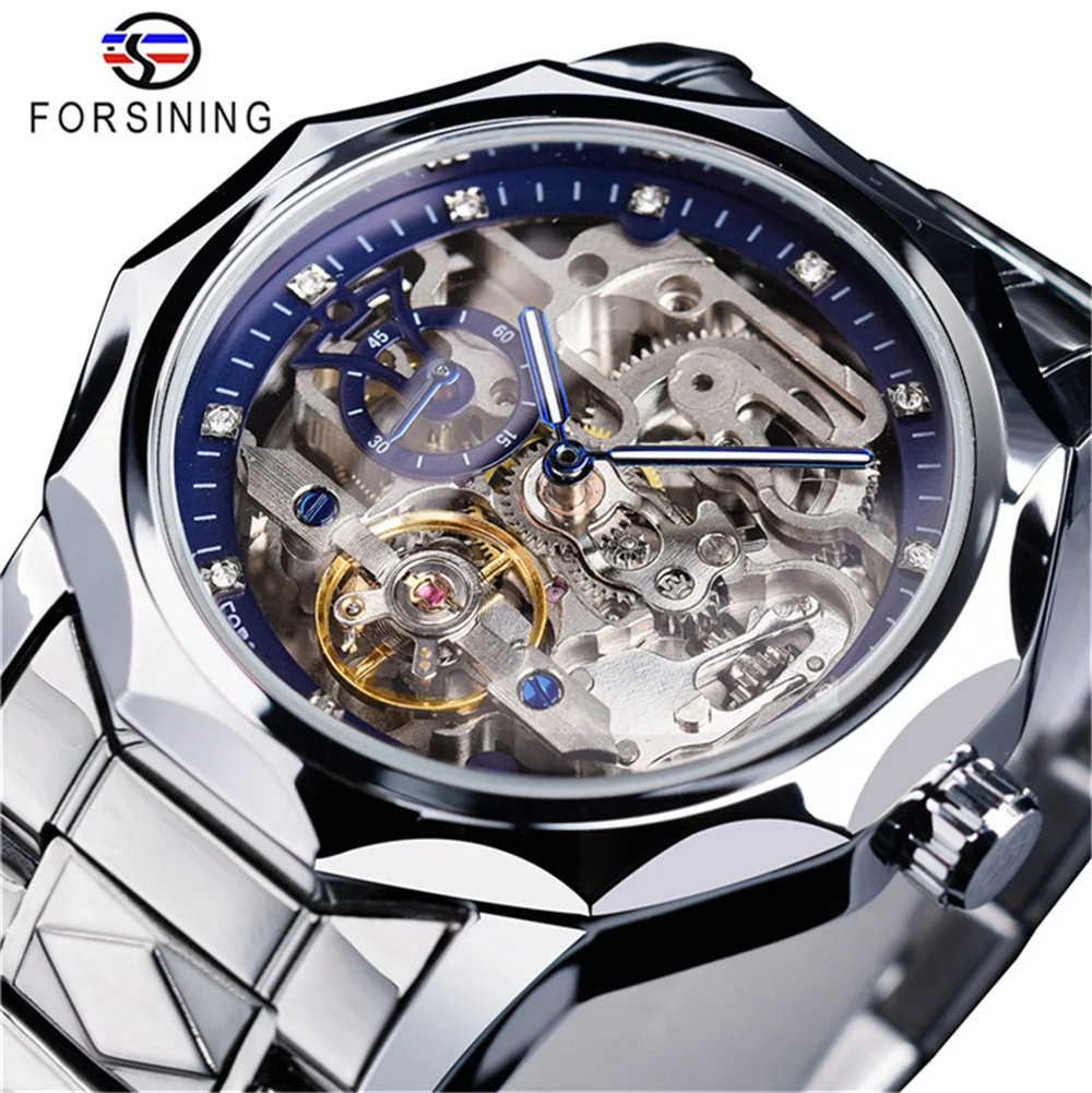 Forsining 199A Hot sell Brand Skeleton Transparent Stainless Steel Automatic Mechanical Male Wrist Watches for Men montre homme