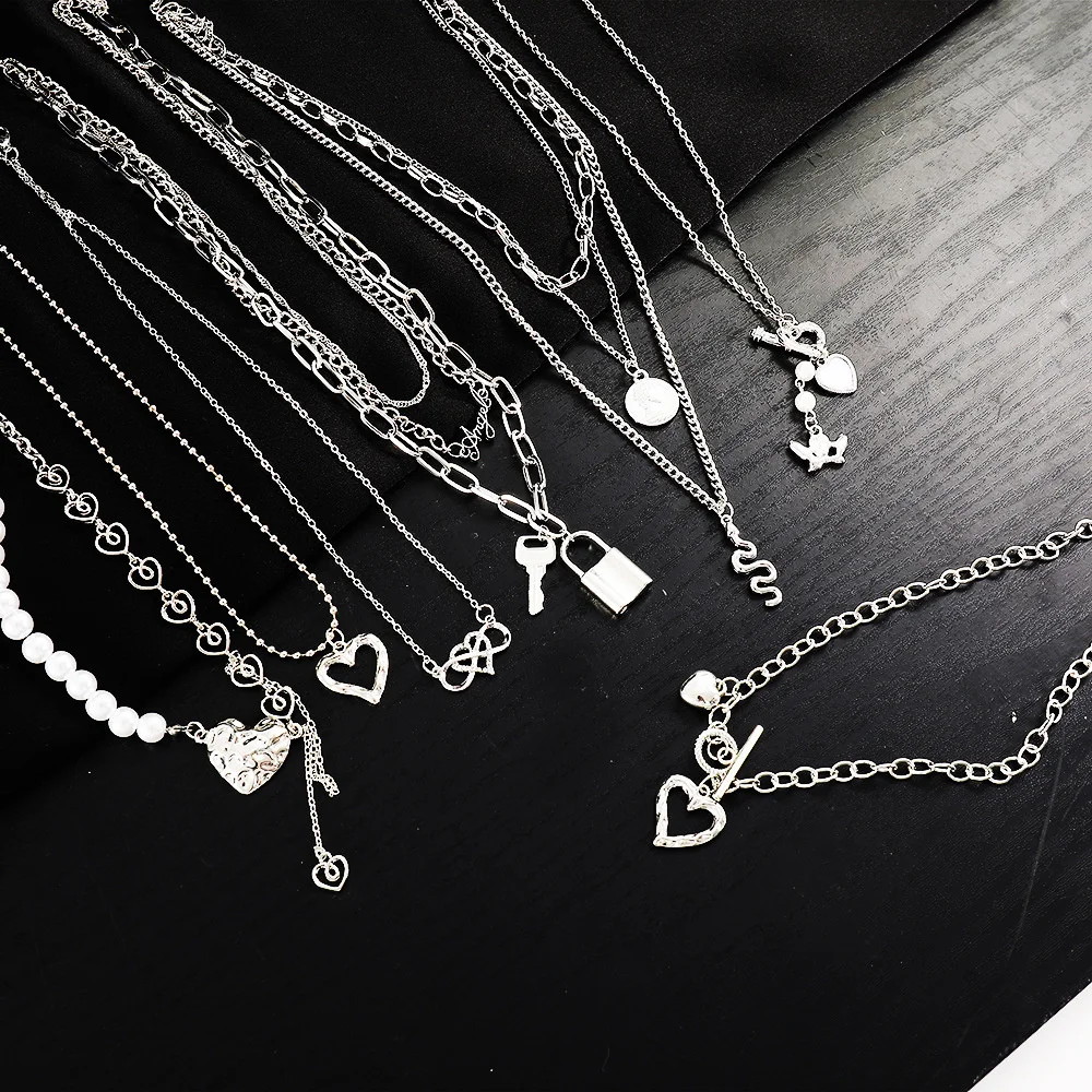 Silver Color Y2K Heart Pendant Chain Necklace Vintage Hip-Hop