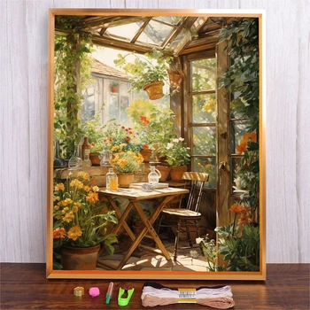 Kit de points de croix imprimés maison de fleurs, pour salon, décoration de la maison, peinture suspendue, bricolage, fil de coton, matériel de broderie 1