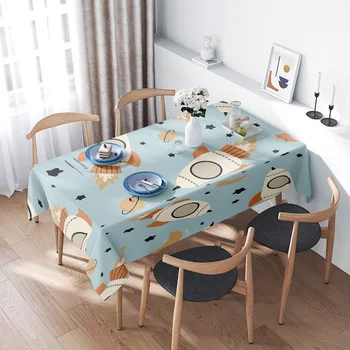 Space-themed tablecloth with wooden chairs for home decor blue color patterned kitchen linen cloth suitable for dining tables in