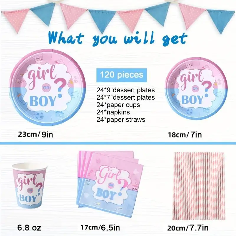 120PCS Deluxe Gender Reveal Party Supplies Kit-Includes Colorful Plates, Cups, Napkins, Paper Straws, and Tableware