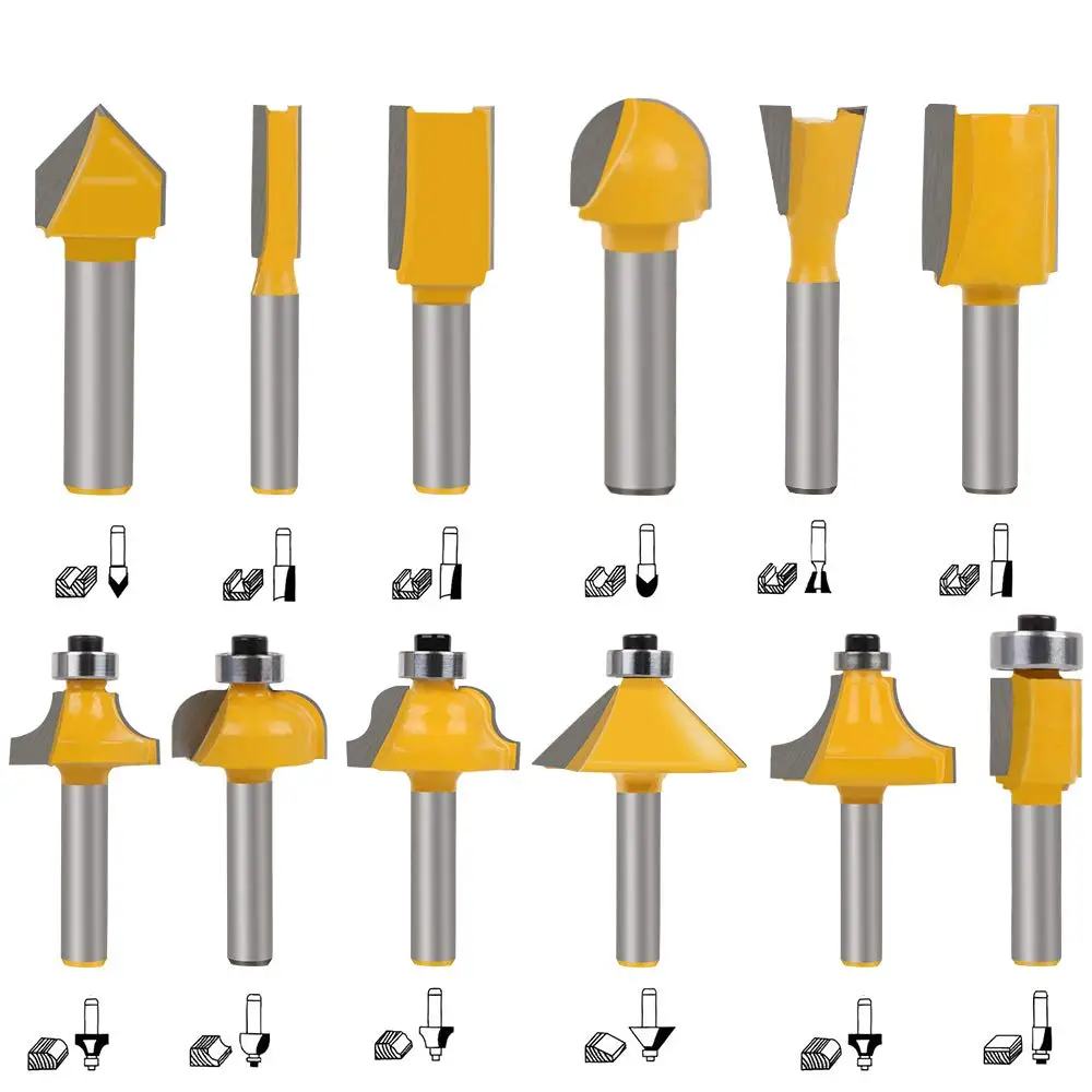 1/4 Inch Shanks Router Bit Set Shank Tungsten Carbide Bits for Woodworking 12 Pcs