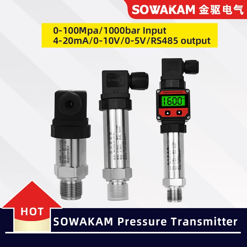 

SOWAKAM LCD Pressure Sensor 0-10V 5V RS485 Output Water Tank Oil Gas -1-0-1000bar Pressure Transmitter G1/4 Connector