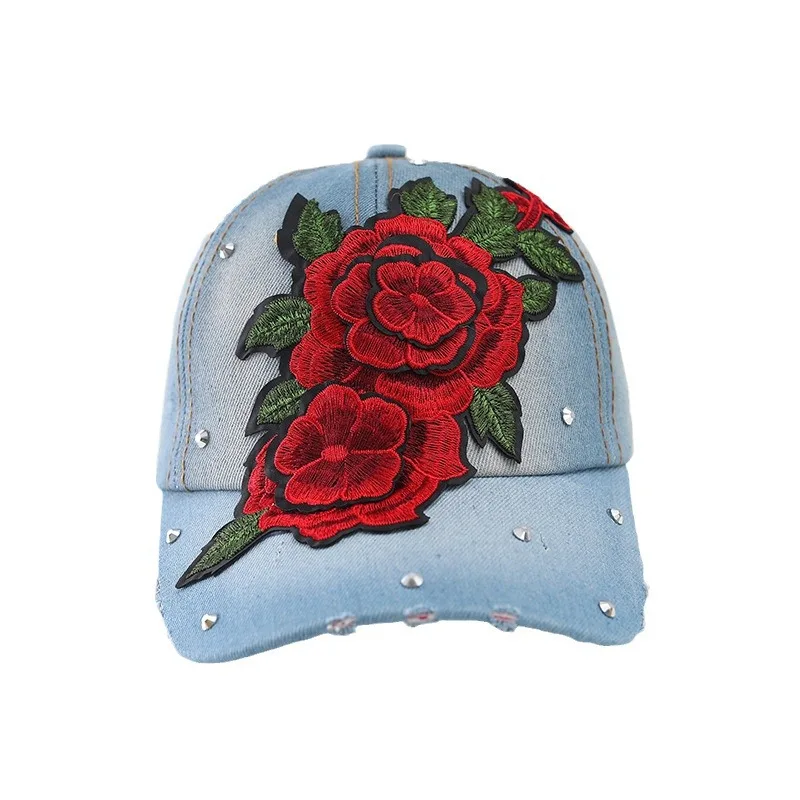 Women Rhinestone Rose Flower Embroidery Baseball Cap Washed Cotton Floral Denim Hat Casquette Adjustable Jean Snapback Caps