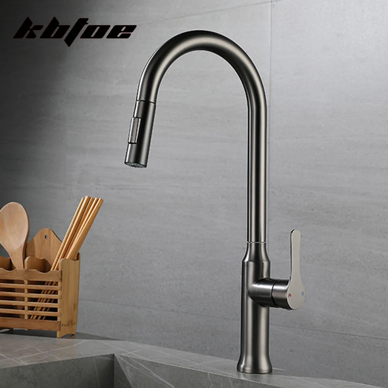 

Pull Out Kitchen Faucet Deck Mounted Hot and Cold Water Sink Mixer Wash Stream Sprayer Tap 360 Rotation Stainless Steel Crane