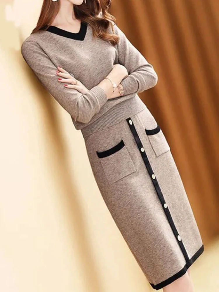 Elegant Ladies Plaid Vest 2 Piece Sets Korean Slim Chic Sleeveless Vest Conjuntos Casual Baggy Soft Knitwear Dresses New 2023