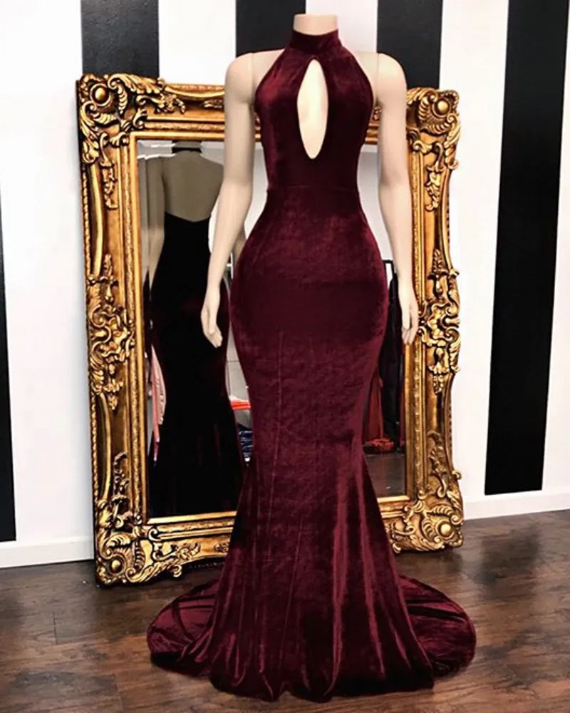 

Sexy Keyhole Backless Prom Banquet Dress 2023 Burgundy Velvet Long Mermaid Formal Evening Gowns African Robes De Soirée