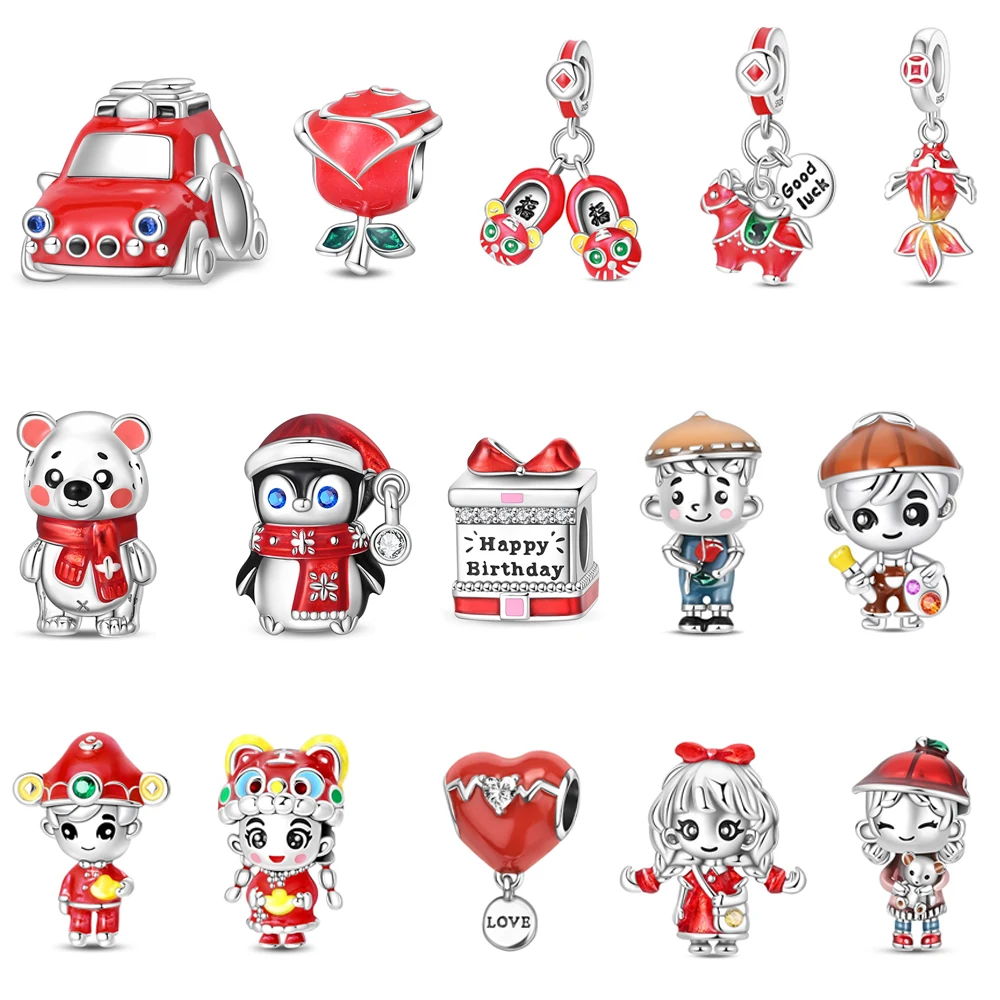  레드 로즈 플라워 댕글 참 오리지널 팔찌용 로맨틱 플로럴 비즈 발렌타인 데이..