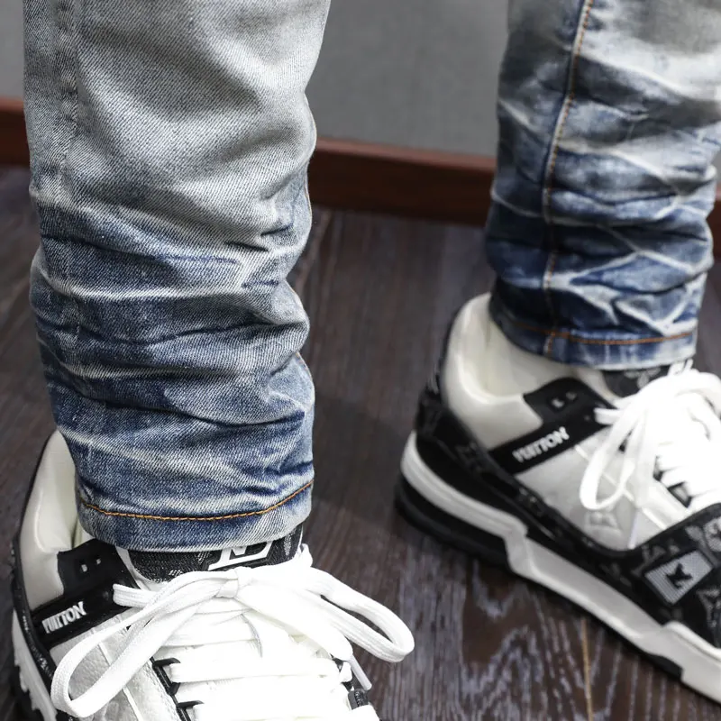 Streetwear Fashion Men Jeans High Quality Retro Blue Stretch Skinny Fit Patched Ripped Jeans Men Brand Designer Hip Hop Pants