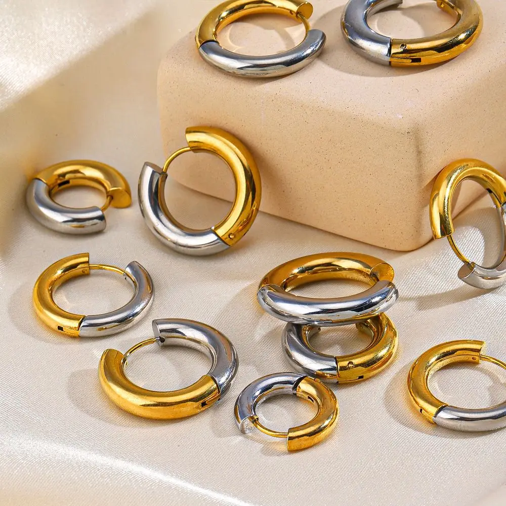 Mode Gold Silber Doppel Farben Edelstahl 18K vergoldet Huggies Ohrringe Plain Ring Ohr Hoops für Frauen Punk Schmuck