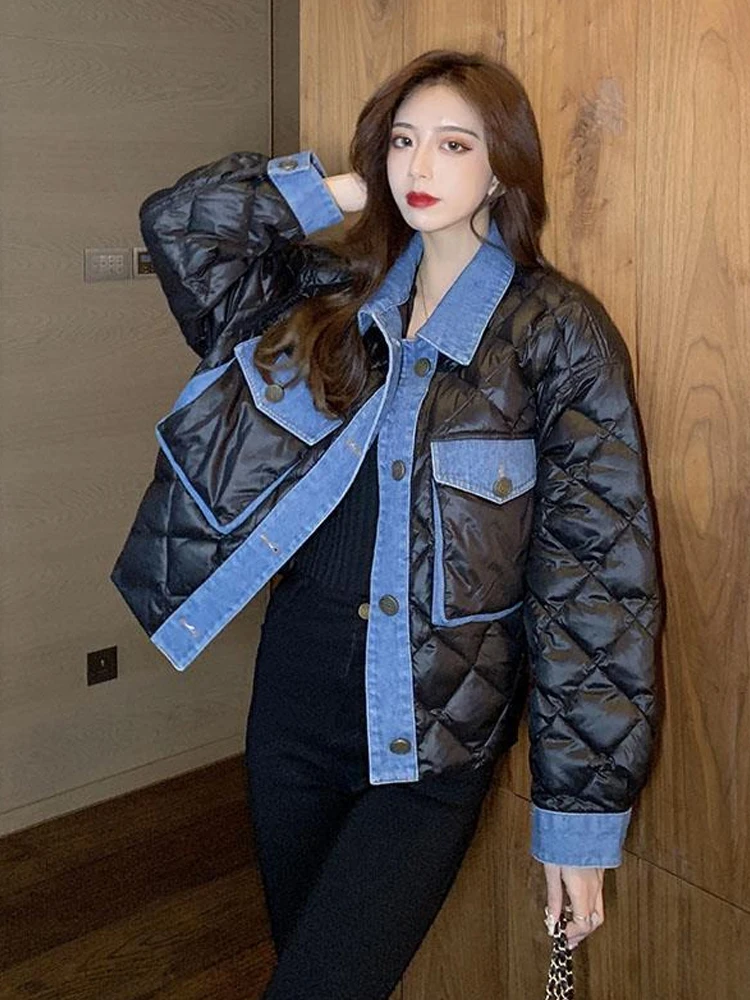 

Women's Cotton Padded Jacket Winter New Denim Splicing Black Cotton Hot Women's Winter Coat For Snow Jackets For Women 2023