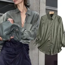 

Withered Blusas Mujer De Moda 2022 Shirt Women Tops England Style Fashion Casual Silk Satin Loose Pleated in Back Blouse Women