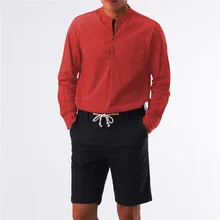 

Summer Cross-Border European and American Solid ColorVCollar Men's Slim-Fit Long-Sleeved Pullover One Button Shirt Foreign Trade