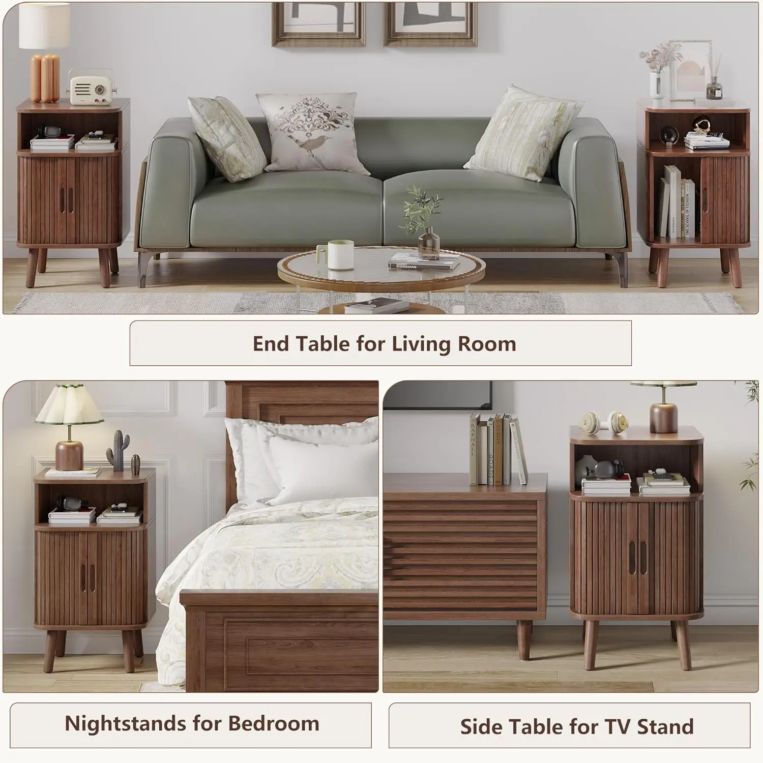 Mid Century Modern End Table with Sliding Tambour Door,Fluted Wood Nightstand, Curved Round Edge Side Table with Storage Cabinet