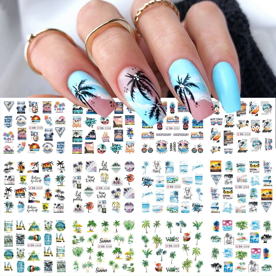 12pcs Summer Palm Tree Black Nails Design Water Sliders Nail Stickers Set  Tropical Coconut Decals Manicure Decor Sabn2245-2256 - Stickers & Decals -  AliExpress