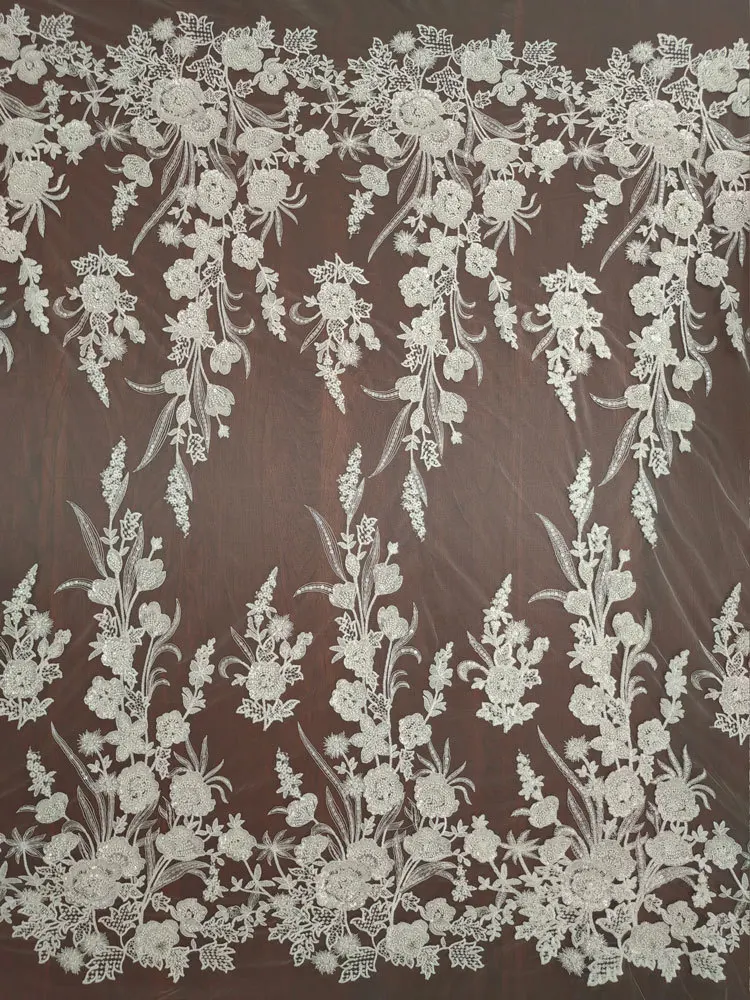 High Quality Embroidery Leaf White Bead Sequin Mesh Wedding Dress DIY Lace Fabric Clothing Accessories