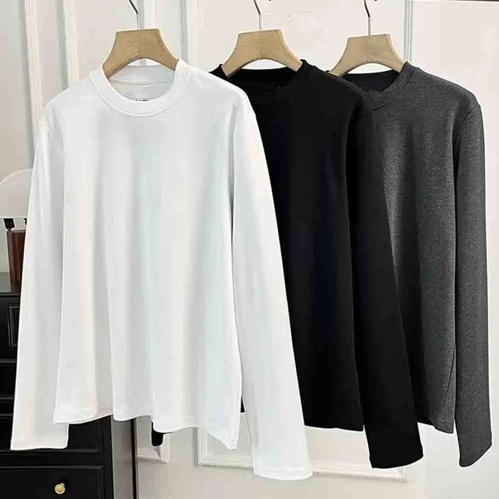 

Women 2023 Winter New Fashionable Casual Basic Base T-shirt Retro Long Sleeve Chic Round Neck Loose All-match Top Mujer