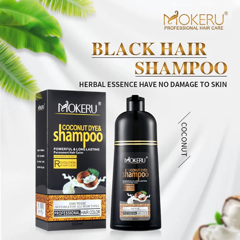 Hair Dye Shampoo Mokeru 500ml Natural Organic Coconut Oil Essence Black Hair Dye Shampoo Covering Gray Hair Permanent Coloring Dye Shampoo