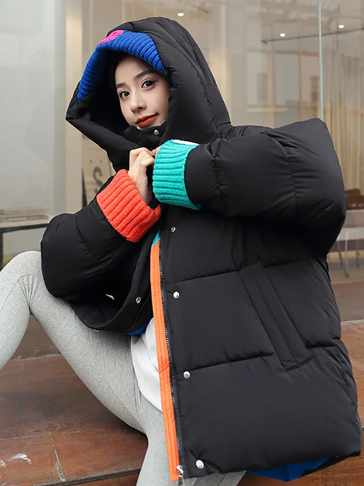 

2023 New Winter Women Parkas Jackets Loose Hooded Thicken Warm Padded Coat Knit Spliced Female Winter Outwear Jacket