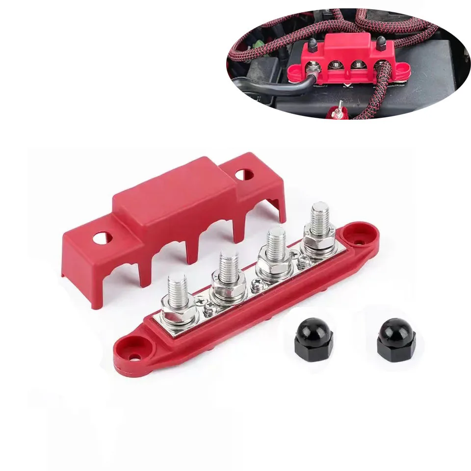 Power Distribution Block M8 M10 4 Studs Power Distribution Block 250A Rating BUSBAR Bus Bar With Cover For Car Boat Auto Yacht RVs