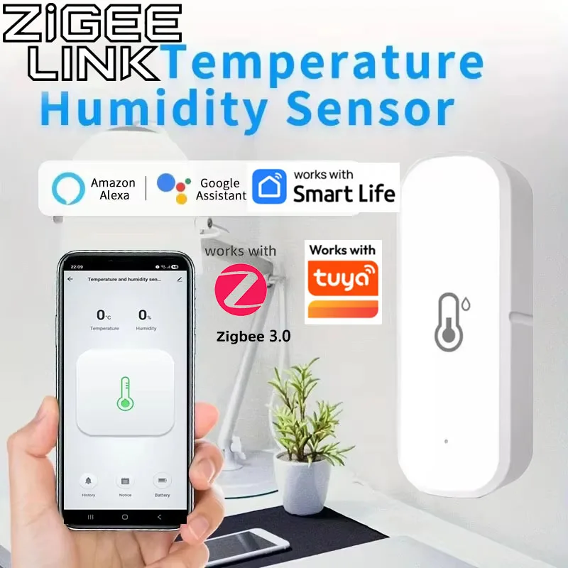 Compatible con Sensor de temperatura y humedad Tuya Zigbee 3,0, dispositivo doméstico inteligente que funciona con Google Home Alexa para monitoreo ambiental