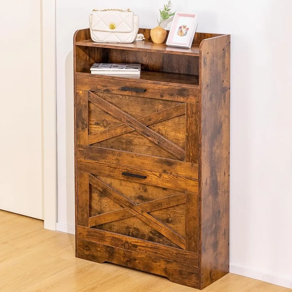 

Shoe Cabinet with 2 Flip Doors for Entryway, Freestanding Shoe Cabinet Organizer Hidden Shoes Storage Cabinet, Rustic Brown