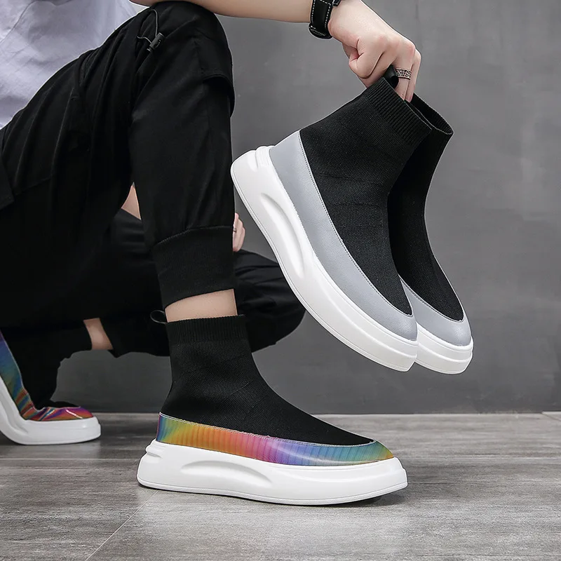 

Stretch Men's Sneakers Running Sports Shoes Breathable Casual Elasticity Platform Vulcanize Mans High Top Sneakers