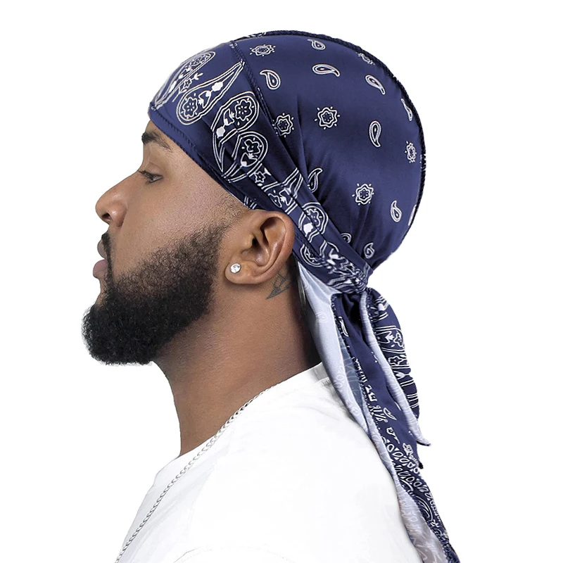 New Men Satin Paisley Printed Durag Turban Bandanas Headwear Silky DuRag Doo Rag Long Tail Pirate Hat Wave Caps Hair Accessories