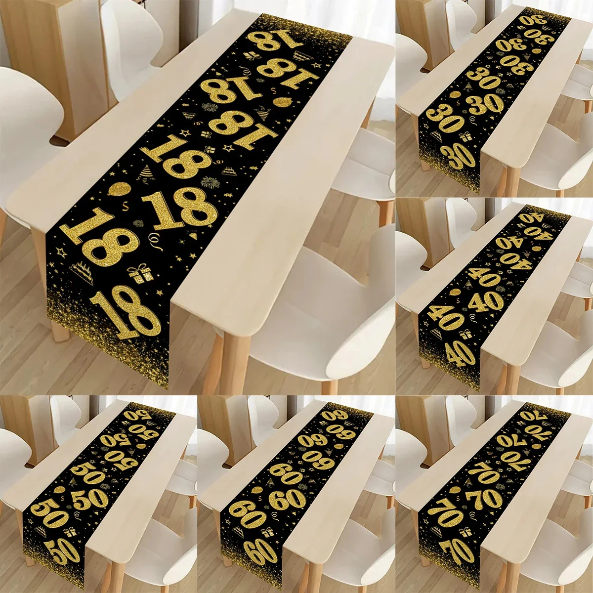 Black Gold Table Runner Happy Birthday Party Decoration Adult 30th 40th 50th 60t Birthday Tablecloth Banner 18 30 40 50 Year Old