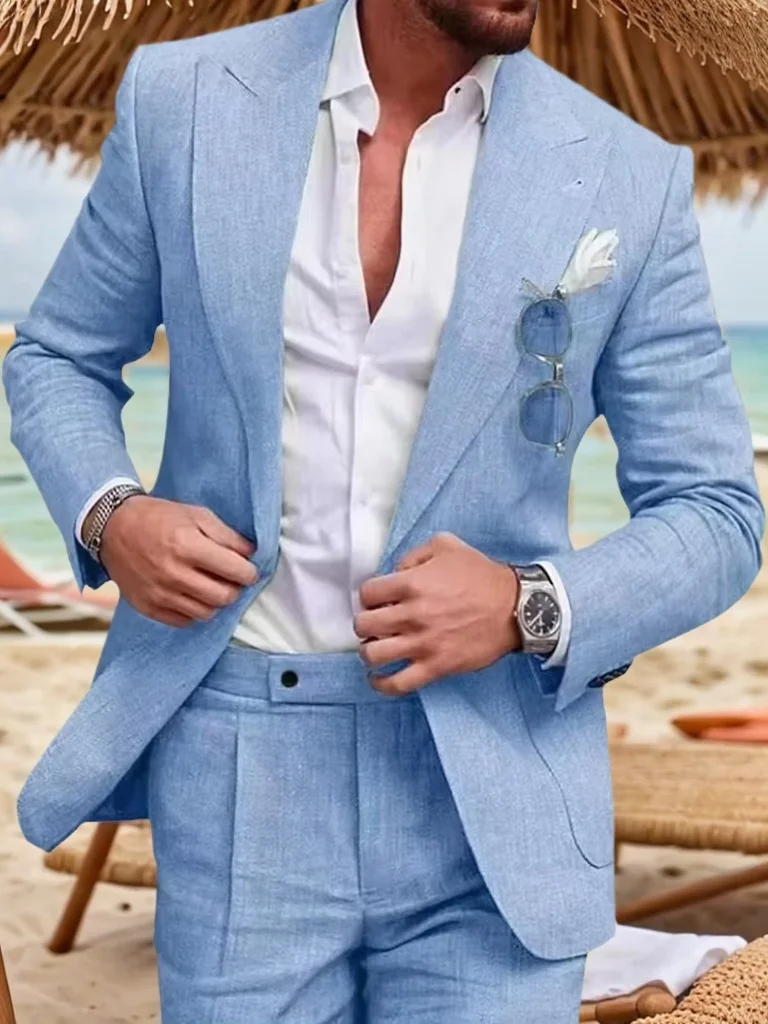 Classic Men's Linen Set 2-Piece  Jacket and Pants Slim Fit Suit Summer Beach Wedding One Button Tuxedo Linen Suit 6