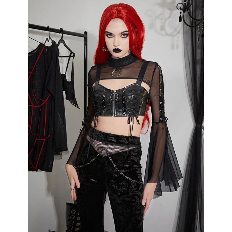 Goth Mesh Half-high Neck Flared Sleeves Bilateral Webbing Shoulder Dark Gothic Style Versatile Slim Chiffon Shirt Women