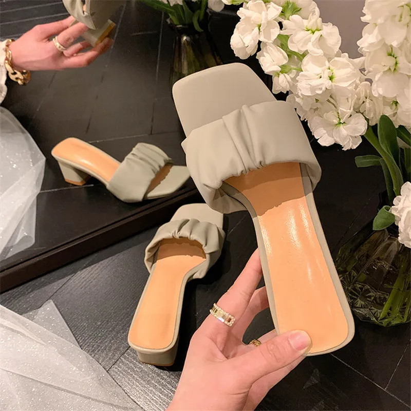 

Pleated Band Slippers Concise Sandalias Chunky Heeled Women Shoes Square Toe Pumps Office Sandals Slip On Chaussures Femme 2023