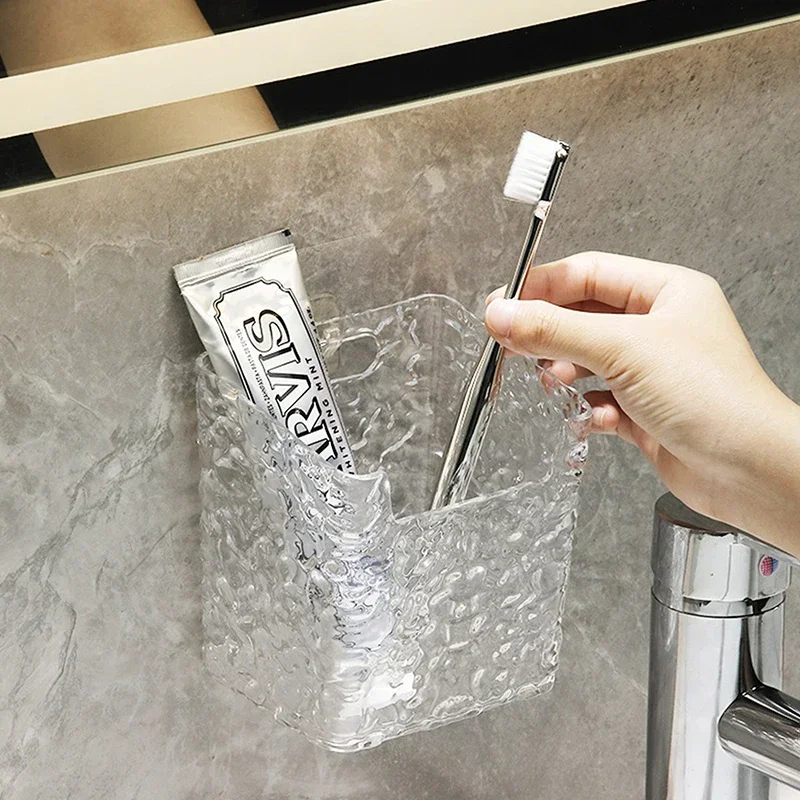 Punch-Free Toothpaste Holder Wall Mounted Makeup Brush Organizer Storage Rack Bathroom Storage Box Drain Box 2
