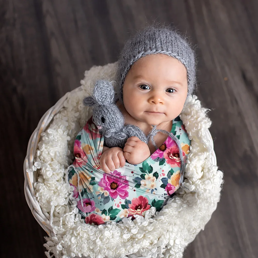 Newborn Photography Blanket Floral Printed Newborn Baby Swaddle Wrap Knotted Hat 2 Pcs Set Infant Photography Shooting Props