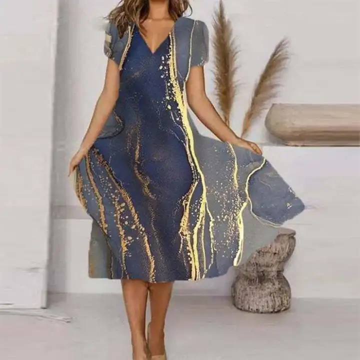 

2024 Summer Party Women's Long Dress Printed Oversize V-neck A-line Elegant Dresses Female Trendy Fashion Casual Clothes Ladies