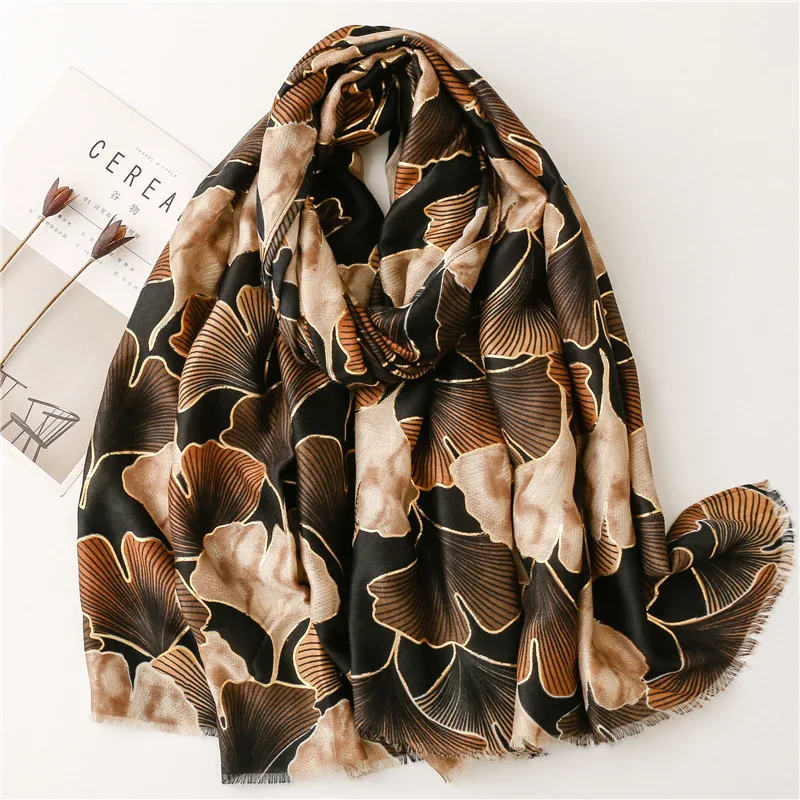 Fashion Ombre Lurex Golden Ginkgo Floral Fringe Viscose Shawl Scarf High Quality Print Wrap Pashmina Stole Muslim Hijab 180*90Cm