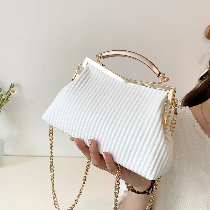

FUNMARDI Fashtion Metal Handle Brand Ladies Handbag Chain Shoulder Bag Stripe Pleated Square Crossbody Bags Women Purse WLHB2783