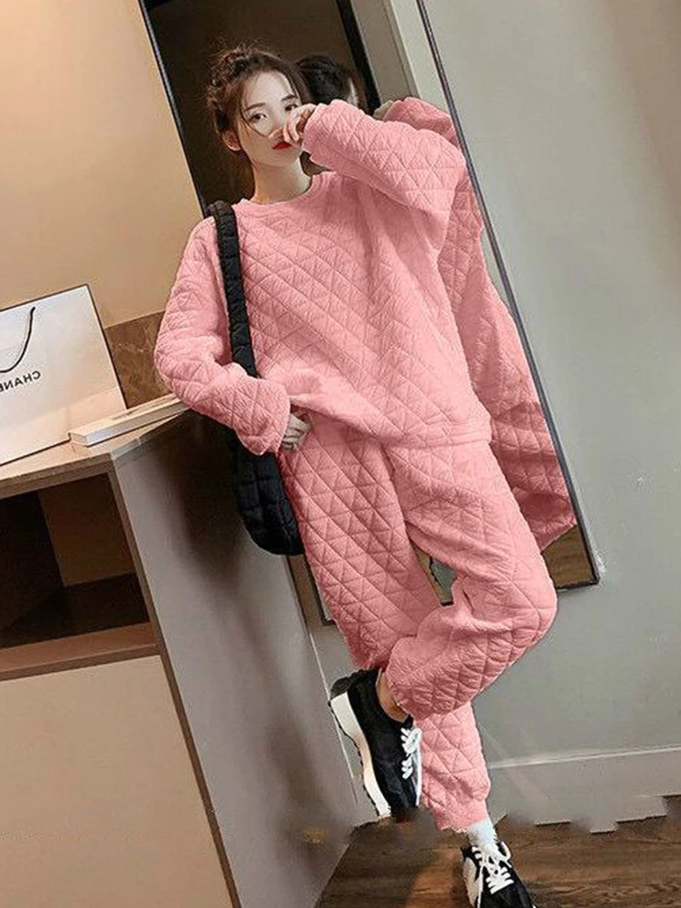Thicken Warm Quilted Sweatshirt O- Neck 2 Piece Set Casual Thick Pullover Top Conjunto Baggy Wide Leg Ankle-length Jogger Outfit